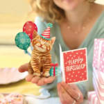Birthday card with a kitten and balloons, held beside a Happy Birthday card