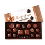 Box of assorted chocolates with a ribboned lid