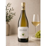 Bottle of white wine beside a glass of wine and grapes