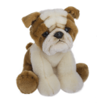 Plush bulldog toy with brown and white fur