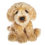 Plush tan dog toy on a white background