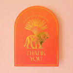 Orange thank-you card with a gold lion illustration