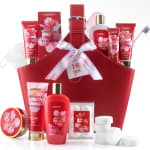 Red gift basket with cherry blossom bath and body products