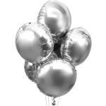 Cluster of silver metallic balloons on strings