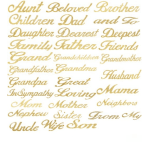 Sheet of gold script words like Aunt, Mom, Son, and In Sympathy on a white background