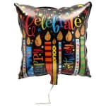 Square birthday balloon with colorful "Celebrate" text