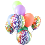 Cluster of colorful balloons with two "Get Well Soon" foil balloons