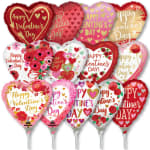 Assorted heart-shaped Valentine's Day balloons in red, pink, white, and gold