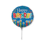 Round blue birthday balloon with candles and a stick