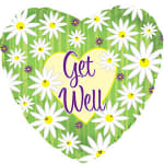Heart-shaped floral get well sign with daisies and purple lettering