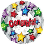 Round congratulatory balloon with colorful stars and "Congrats!" text