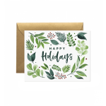 Holiday greeting card with leafy watercolor design and envelope