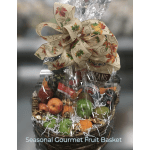 Gourmet fruit basket wrapped in cellophane with a decorative bow