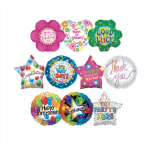 Assorted colorful foil balloons with messages like thank you and congratulations