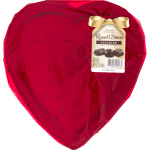 Heart-shaped red chocolate box with a gold bow and candy label