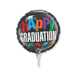 Black graduation balloon with colorful "happy graduation" text