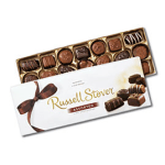 Box of assorted chocolates with a white Russell Stover lid