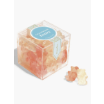 Clear cube box of peach and cream gummy bears