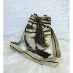 Striped woven bucket bag with a long shoulder strap and tassels