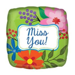 Floral-patterned square balloon with "Miss You!" text