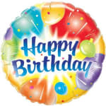 Round birthday balloon with colorful confetti and "Happy Birthday" text