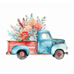 Watercolor pickup truck carrying a colorful flower arrangement