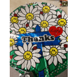 Round foil balloon with daisies, smiley faces, and a red heart reading "Lots Thanks"