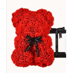 Red rose teddy bear with a black ribbon bow