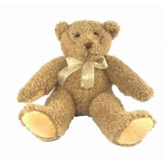 A tan teddy bear with a ribbon bow sits on a white background.