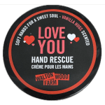Round tin of hand cream with "Love You" text and heart graphics