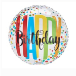 Round birthday balloon with colorful polka dots and large "HAPPY Birthday" text