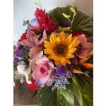 Colorful bouquet with a sunflower, pink roses, and orchids
