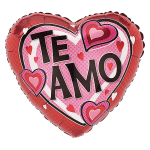 Heart-shaped foil balloon with "TE AMO" and pink-red hearts