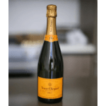 Bottle of Veuve Clicquot champagne with a gold label