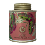 Decorative tin of rose bath salts with colorful butterflies and cream flowers on a pink background