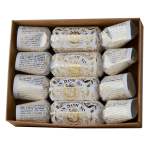 Boxed set of individually wrapped white and gold bon bon soaps arranged in rows in a kraft tray