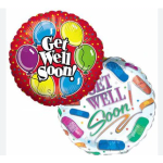 Two round balloons with get well messages and colorful balloon graphics