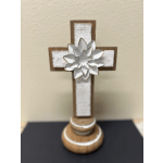 Decorative wooden cross with a white flower accent