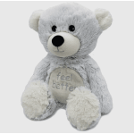 Gray plush teddy bear with "feel better" embroidered on its belly