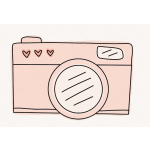 Pink line drawing of a camera with heart details