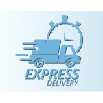 Blue express delivery logo with a truck and stopwatch