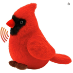 Red cardinal bird plush toy with black face and brown feet on a white background