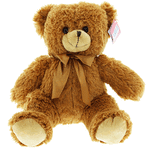 Brown teddy bear with a ribbon bow on a white background