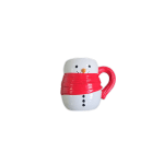 Snowman-shaped ceramic mug with a red scarf and handle