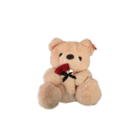 Beige teddy bear holding a red rose