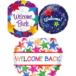 Three colorful welcome back balloons with star patterns and text
