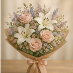 Bouquet of pale pink roses and white lilies wrapped in kraft paper