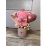 artificial rose teddy bear, Ferrero Rocher chocolate, pink box, mini metal crown, butterfly