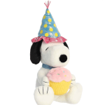 Plush Snoopy wearing a party hat and holding a cupcake