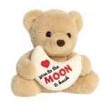 Beige teddy bear holding a moon-shaped pillow with "I love you to the MOON & back"